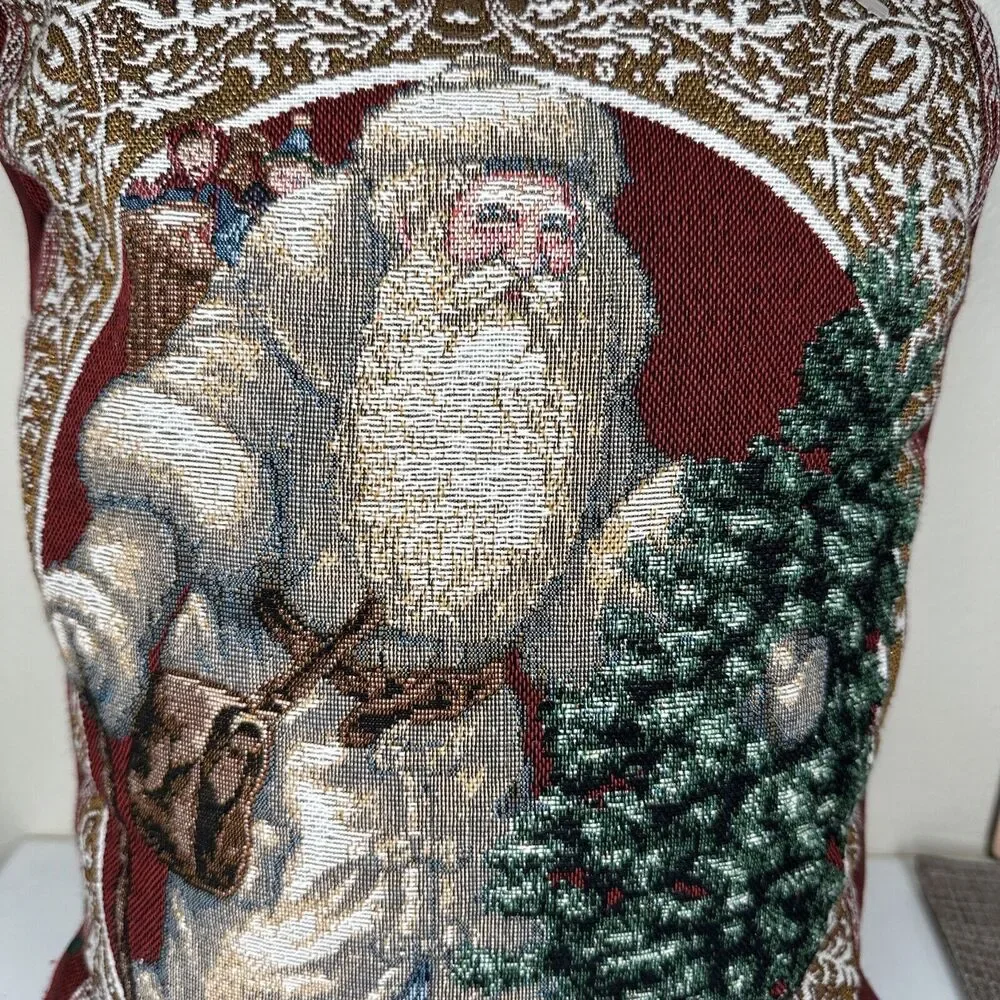Vintage Santa Tapestry Accent Pillow winter holiday Old Time Primitive Stars